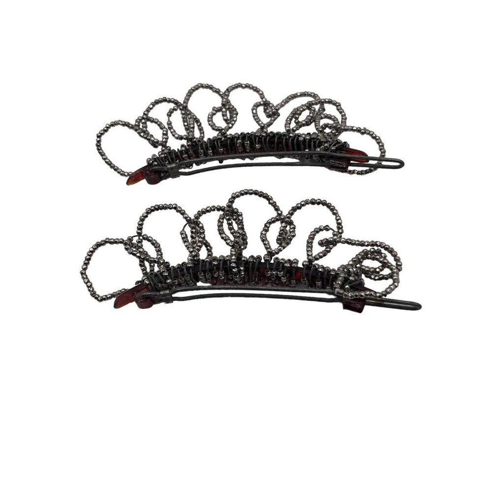 VTG Handmade Hair Clip Barrette Set With Antique Cut Steel Beads Unique Retro